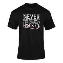 Load image into Gallery viewer, Never Underestimate A Girl Who Plays Hockey T-ShirtLadies, Mens, Unisex, Wolves Ice Hockey
