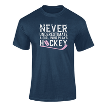 Load image into Gallery viewer, Never Underestimate A Girl Who Plays Hockey T-ShirtLadies, Mens, Unisex, Wolves Ice Hockey
