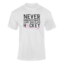 Load image into Gallery viewer, Never Underestimate A Girl Who Plays Hockey T-ShirtLadies, Mens, Unisex, Wolves Ice Hockey
