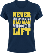 Load image into Gallery viewer, Never underestimate an old man who loves to lift T-ShirtDad Jokes, fitness, funny, gym, Ladies, lifting, Mens, old, Unisex, weights, workout
