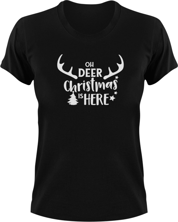 Oh Deer Christmas Is Here T-Shirtanimal, christmas, deer, jokes, Ladies, Mens, reindeer, snow, Unisex
