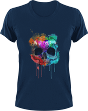 Load image into Gallery viewer, Skull with city line in paint T-ShirtLadies, Mens, painted, skulls, skyline, Unisex
