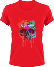 Load image into Gallery viewer, Skull with city line in paint T-ShirtLadies, Mens, painted, skulls, skyline, Unisex
