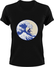 Load image into Gallery viewer, Surfer on a wave T-Shirtbeach, Ladies, Mens, sea, summer, surfboarder, surfing, Unisex, vacation, waves
