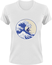 Load image into Gallery viewer, Surfer on a wave T-Shirtbeach, Ladies, Mens, sea, summer, surfboarder, surfing, Unisex, vacation, waves
