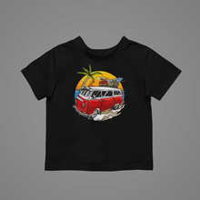 Load image into Gallery viewer, VW Van With Surfboard Kids T-Shirtboy, dog, girl, kids, neice, nephew, summer
