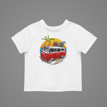 Load image into Gallery viewer, VW Van With Surfboard Kids T-Shirtboy, dog, girl, kids, neice, nephew, summer
