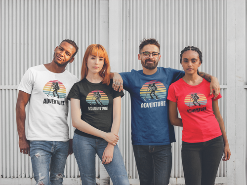Vintage Adventure Hiking printed on a group of people's t-shirts