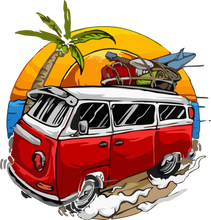 Load image into Gallery viewer, VW Van With Surfboard Kids T-Shirtboy, dog, girl, kids, neice, nephew, summer
