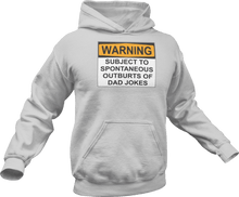 Load image into Gallery viewer, Warning subject to spontaneous outbursts of dad jokes printed on a grey melange Hoodie
