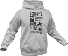 Load image into Gallery viewer, a cow girl&#39;s best saturday starts on a horse in her favorite jeans printed on a grey hoodie
