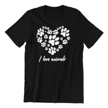 Load image into Gallery viewer, I love animals T-shirtanimals, Butterfly, family, hearts, horse, Ladies, Mens, pets, Unisex
